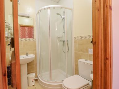 A bathroom with a shower enclosure toilet and sink at Hayloft Cottage in Little Glemham near Wickham Market