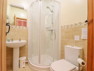 A bathroom with a shower cabin sink and toilet at Hayloft Cottage in Little Glemham near Wickham Market