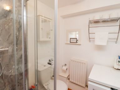 A bathroom with a toilet shower washer radiator and towel rack at The Bothy in Lowick near Holy Island