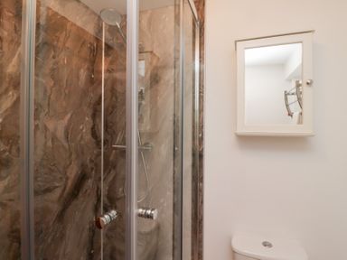 A bathroom with a glass shower enclosure and a wall-mounted mirrored cabinet above a toilet at The Bothy in Lowick near Holy Island