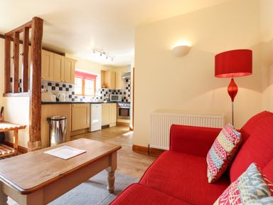 A kitchen and living area with wooden cabinets and red sofa with patterned cushions at Poppy Cottage in Little Glemham near Wickham Market