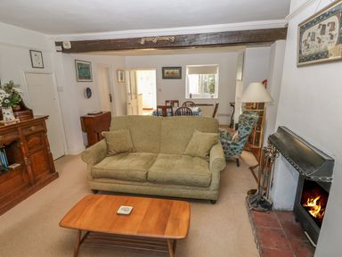 A living room with a green sofa a wooden coffee table a fireplace and a dining table at 28 Oxborough in Oxborough