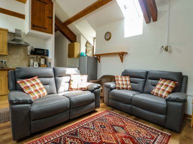 A living room with sofas and kitchen appliances at Bythyn Ddol Hafod in Capel Curig