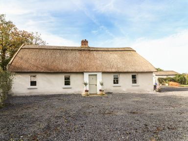 A thatched roof cottage with a light green door and four windows at New Thatch Farm Scarteen near Knocklong County Limerick