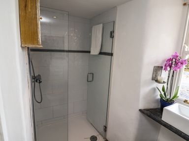 A bathroom with a glass-enclosed shower and a window with a pink orchid on the counter at New Thatch Farm Scarteen near Knocklong County Limerick