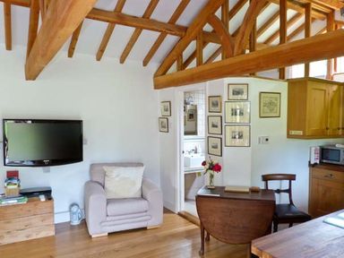 A room with wooden beams a beige armchair a wall-mounted television a small wooden table with flowers and a wooden chair at The Springs in Ashey near Brading and Ryde