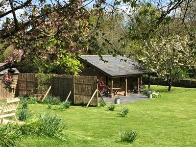 A garden with green grass and flowering trees a wooden bench and a small building with a covered porch at The Springs in Ashey near Brading and Ryde