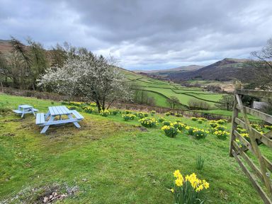 A garden with picnic tables and daffodils overlooking a valley with hills and fields at High Kiln Bank Cottage in Seathwaite Duddon Valley