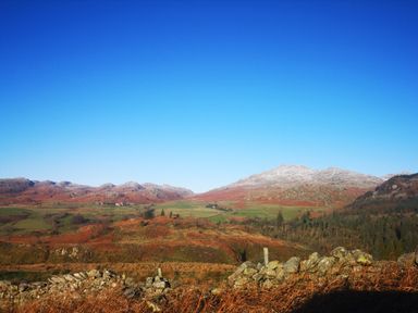 A rural landscape with hills trees and a stone wall under a clear blue sky at High Kiln Bank Cottage in Seathwaite Duddon Valley