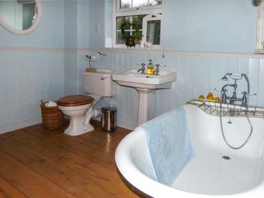 A bathroom with a toilet sink and bathtub with rubber ducks and wooden floor at Teds Place Aylsham