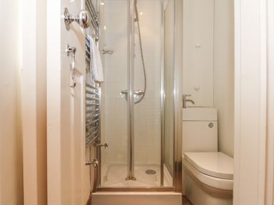 A small bathroom with a shower enclosure and a toilet at Blencathra Barn in Penrith