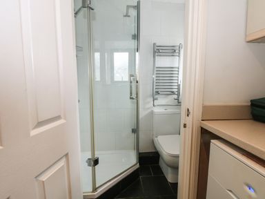 A small bathroom with a corner shower enclosure and a toilet with a heated towel rail above it at Saddleback Barn in Newton Reigny near Penrith