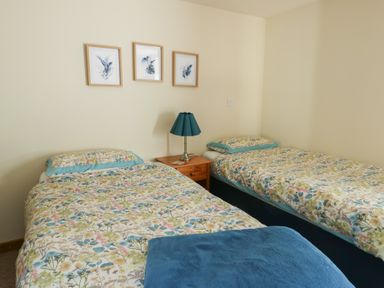 A bedroom with two beds and framed art on the wall at Bluebell Cottage in Caeathro near Caernarfon