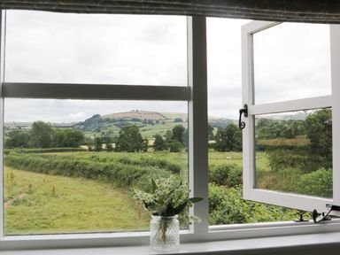 A window with one pane open overlooking fields trees and hills with a vase of flowers on the windowsill at Bicton Lodge in Clun