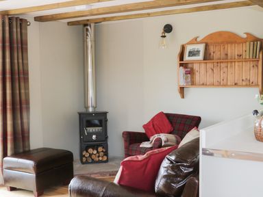 A living room with a wood stove a plaid armchair a leather ottoman and a wooden wall shelf at Bicton Lodge in Clun