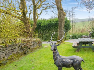 A garden area with two deer statues a wooden picnic table stone wall and trees at Hill Side Barn Pennington near Ulverston