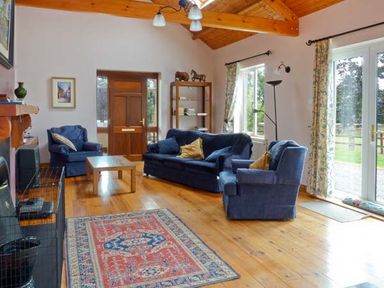 A living room with blue sofas a wooden coffee table a patterned rug and wooden ceiling beams at The Range in Enniscorthy County Wexford