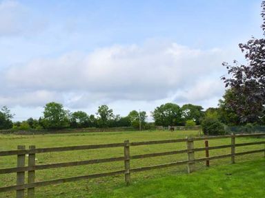 A grassy field with a wooden fence and trees in the background at The Range in Enniscorthy County Wexford