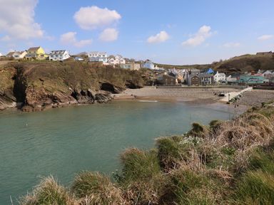 A small coastal village with houses on cliffs and a pebble beach beside calm water at Foxglove Cottage in Little Haven near Haverfordwest