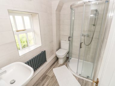 A bathroom with a window sink toilet shower and radiator at Foxglove Cottage in Little Haven near Haverfordwest