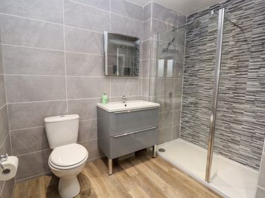 A bathroom with a toilet sink vanity with a mirror and a glass door shower at Bryn Seion in Y Felinheli