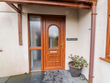 A wooden front door with frosted glass panels a flower pot with plants and a sign reading Bryn Seion at Y Felinheli