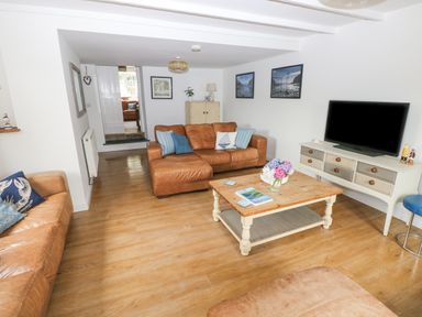 A living room with two brown leather sofas a wooden coffee table a television on a console and framed pictures on the wall at Hillbrook House in Nolton Haven