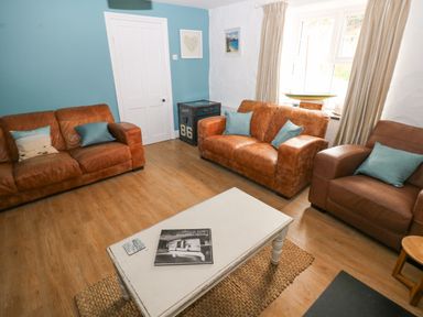 A sitting room with brown leather sofas a white door a window with curtains and a white coffee table at Hillbrook House in Nolton Haven