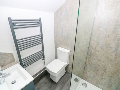 A bathroom with a toilet sink towel radiator and a shower at Hillbrook House in Nolton Haven