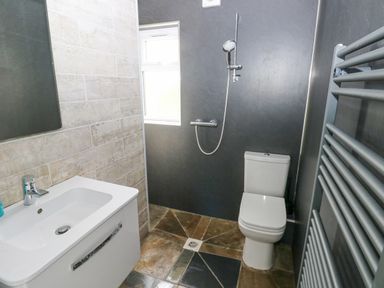A bathroom with a white sink cabinet a toilet a showerhead and a heated towel rail at Hillbrook House in Nolton Haven