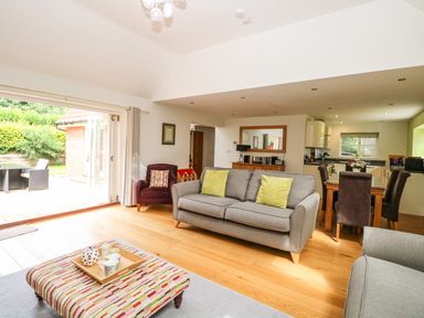 A living room with a grey sofa and green cushions a dining table with chairs and an open doorway to a garden at Oak Tree Lodge Crostwick near Norwich