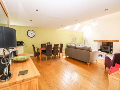 A living room with a dining table, sofa, fireplace, and wooden floor at Oak Tree Lodge Crostwick near Norwich