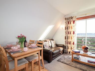 A dining table set with pink dishes and tulips next to a brown leather sofa in a living room with patterned curtains at Larchfield Chalet 2 Heights of Achterneed near Strathpeffer