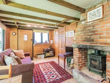 A living room with a sofa pillows rug wood burning stove and wooden beams at Endymion in Linwood near Ringwood New Forest