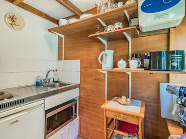 A small kitchen with a sink stove microwave shelves with kettle mugs and toaster at Endymion in Linwood near Ringwood New Forest