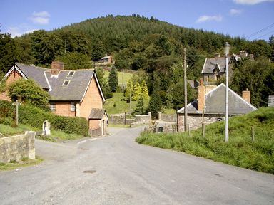 A rural road with houses and greenery near a forested hill at Happy Union Stables Abbeycwmhir near Rhayader