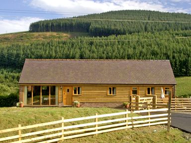 A wooden house with a sloped roof in front of a forested hill at Happy Union Stables in Abbeycwmhir near Rhayader
