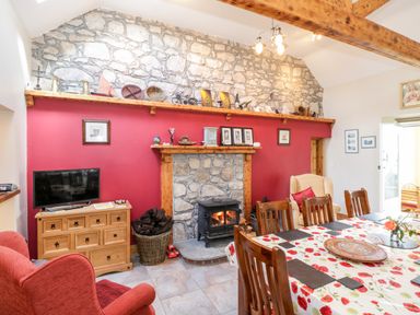 A dining room with wooden table and chairs a stone fireplace with wood stove a red accent wall and a TV on a wooden cabinet at Prague House in Lettermore County Galway