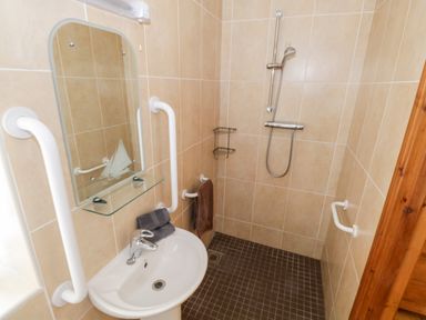 A bathroom with a wall-mounted sink mirror shower area and grab bars at Prague House in Lettermore County Galway