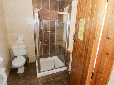 A bathroom with a toilet and a glass shower enclosure with brown and beige tiled walls at Prague House in Lettermore County Galway