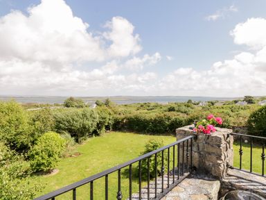 A garden with bushes and grass visible from a stone balcony with a flower pot at Prague House in Lettermore County Galway