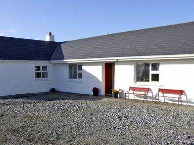 An exterior view of a white cottage with two red benches and flower pots near the door at Delia's Cottage in Ballinrobe County Mayo