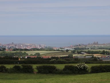 A coastal town with fields and shrubs in the foreground and the sea in the background at Barn Cottage in High Normanby near Robin Hood's Bay