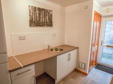 A kitchen sink with a countertop and cabinets next to a wooden door and a glass door at No 1 Railway Cottages in Betws-y-Coed
