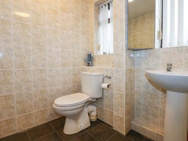 A bathroom with a toilet a sink and a mirror at Brynteg in Llwyngwril