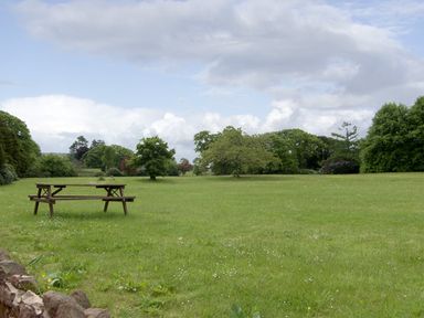 A picnic table on a grassy field with trees and a stone border in the foreground at William Court Cottage in Irton Hall near Wastwater