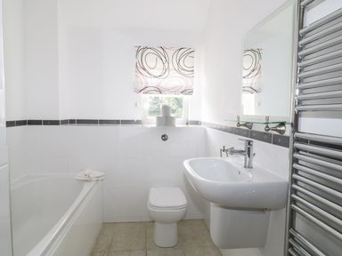A bathroom with a bathtub a toilet a sink a mirror and a chrome towel radiator at William Court Cottage Irton Hall near Wastwater