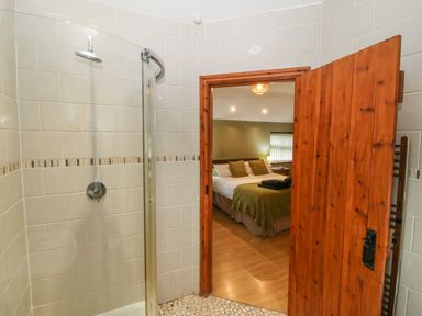 A bathroom with a tiled shower and wooden door opening to a bedroom with a bed with green blankets and pillows at Cefn-Yr-Efail in Golan near Porthmadog