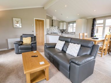 A living room with gray leather sofas and a wooden coffee table next to a kitchen and dining area at Callow Lodge 15 Beaconsfield Farm Holiday Park near Shrewsbury