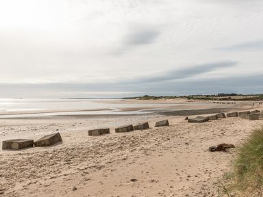 A sandy beach with a row of concrete blocks near the shore and grassy dunes in the distance at Jackson Cottage in Alnmouth